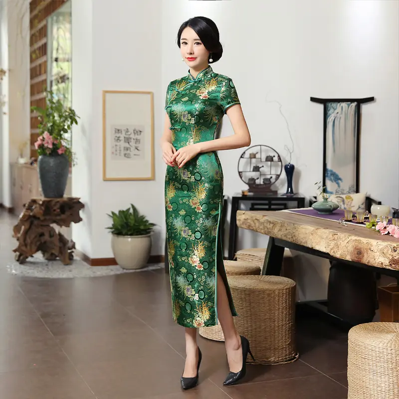 Thanh Lịch Mới Thổ Cẩm Satin Dài Ngã Ba Sườn Xám Trung Quốc Cổ Điển Phụ Nữ Của Qipao Ngắn Tay Áo Sexy Wedding Evening Đảng Dress 4XL