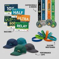 Kit promotionnel personnalisé pour événements sportifs : médailles, dossards de course, bracelets tissés et en silicone, épingles en émail, casquettes de course – Vente en gros