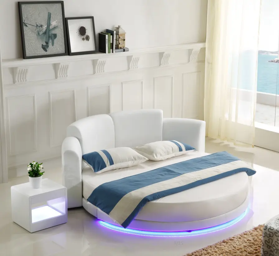 सुपर किंग आकार लक्जरी दौर बिस्तर बहु कार्यात्मक एलईडी प्रकाश सर्कल बिस्तर
