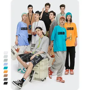 Camiseta masculina de cor sólida, logotipo personalizado, cor sólida, manga de cinco pontos, roupa de algodão, vestuário, camiseta