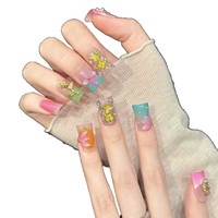 Faux ongles à presser en acrylique dégradé rose nude, longueur moyenne, pointes effilées, motif papillon doré, couronne de fleurs, fleur rose pour fournisseur d'ongles