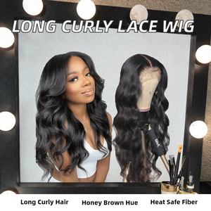 Indian America Women's Middle Part Natural Wave Honey <b>Brown</b> Long Curly Synthetic <b>Wig</b> Machine-made Lace Front 26-inch Cap - Product Image 2