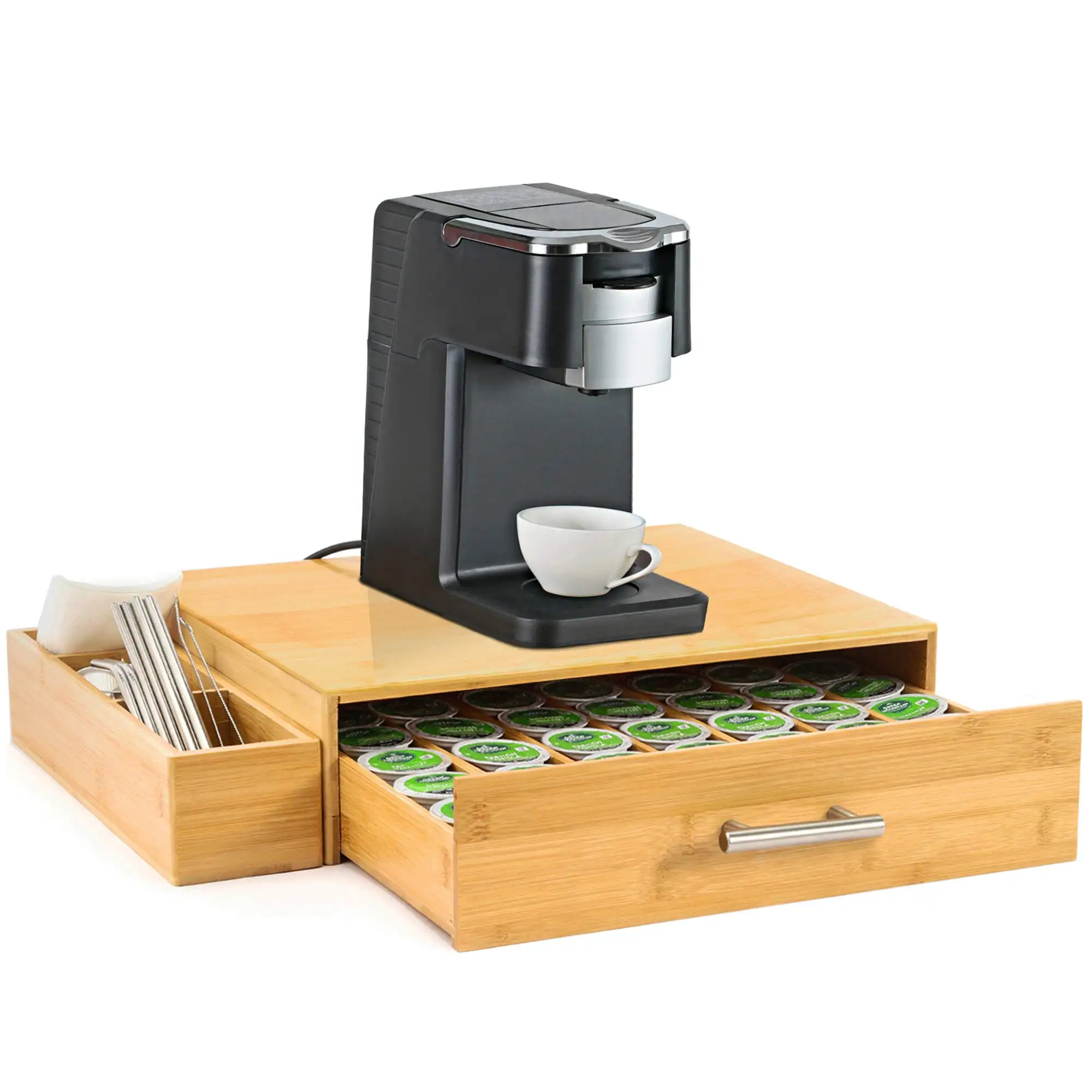 Bamboo Coffee Pod Holder Coffee Capsul Storage Organizer with Drawer and Side Storage Box for K Cup Pods coffee holder