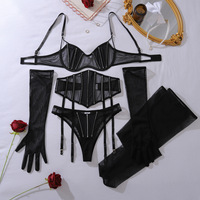 Nouvelle Lingerie de Luxe Érotique, Ensemble de 5 Pièces, Noir, Ultra-fin, en Maille Transparente, Sexy, pour Femmes