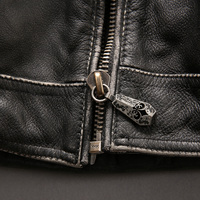 Veste en cuir véritable gris rétro vintage avec broderie de crâne, veste de moto, veste en cuir de vache pour homme