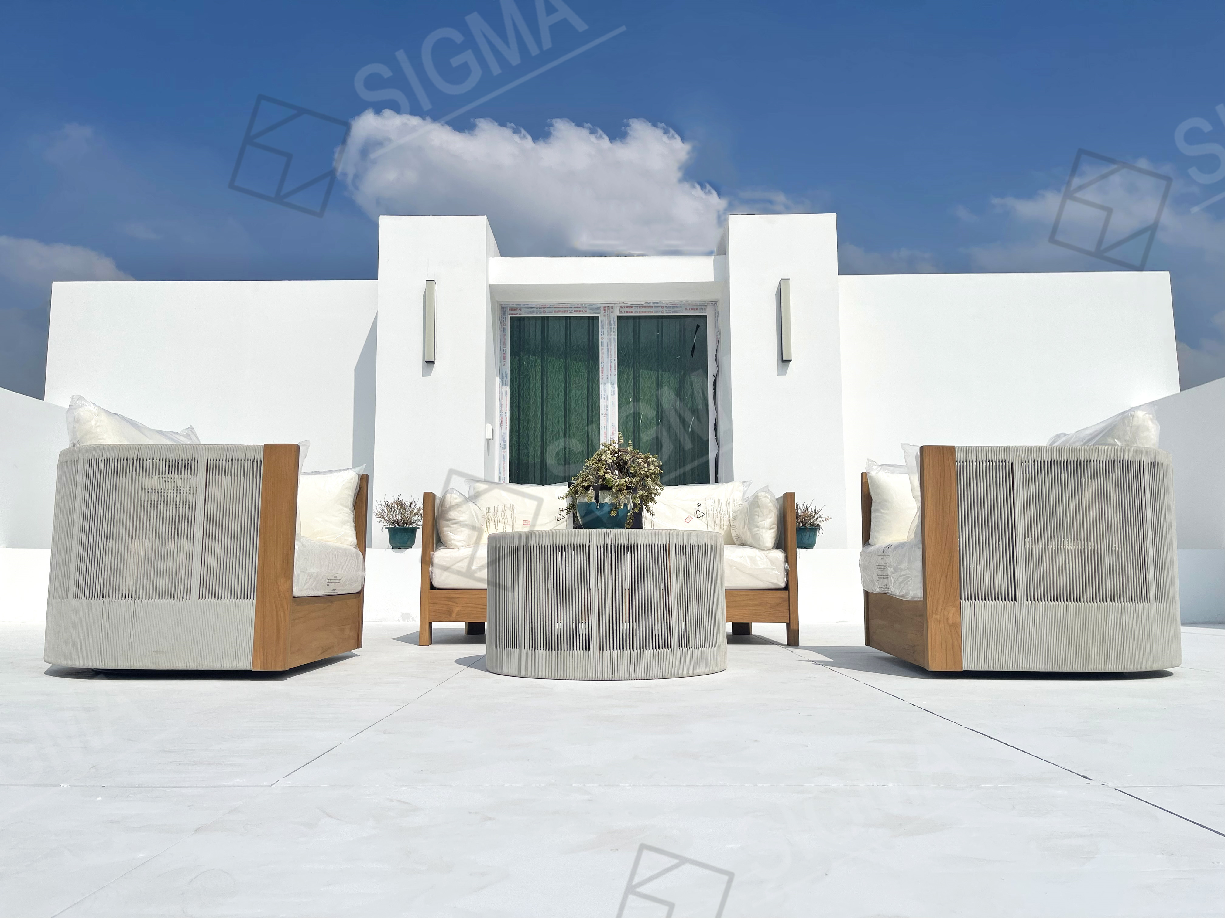 Modern New Design Luxury Outdoor Furniture Set Teak Wood Frame Comfortable All Weather Rope Garden Single Sofa
