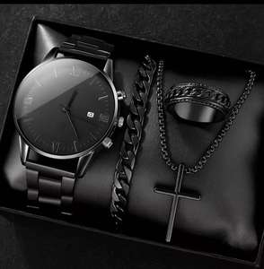 Trendy Erkek Arap Rakamlı İbreli Moda Saati 4 Parçalı Set Siyah Minimalist Quartz 40mm Alaşımlı Cam - Product Image 2