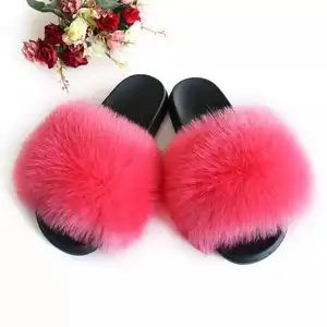 Fur slippers faux animal fur faux fur shoes women's sandals faux raccoon fox beach shoes flip flops indoor slippers summer