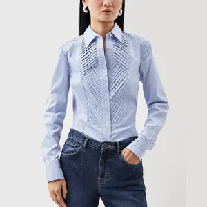 Clothing Factories Custom Women's Elegant Blouses Office Long Sleeve Cotton Striped Pleated Plus Size Womens Tops and Blouses