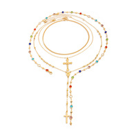 Collier croix vintage orné de diamants pour femme, personnalisé, à plusieurs couches, longue chaîne, pendentif pompon, en alliage de zinc