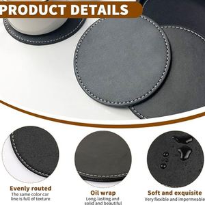 Thick PU Leather Black Leather <b>Coasters</b> <b>Coasters</b> Set of 6 with Holder 10cm Round <b>Coasters</b> for <b>Drinks</b> - Product Image 4