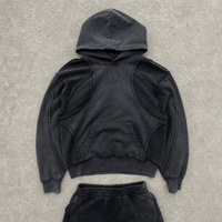Ensemble survêtement homme streetwear hiver respirant en coton noir 100% délavé à l'acide, avec broderie étoile et ourlets bruts