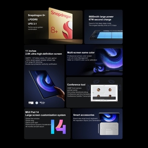 Usine vente 8600mAh batterie Xiaomi Pad 6 Pro 11 pouces 8 Go + 256 Go MIUI 14 Qualcomm Snapdragon 8 + 4nm Octa Core tablette pc