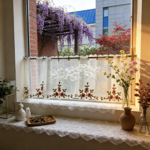 Tenda Corta Trasparente <span class=keywords><strong>con</strong></span> Ricamo a Rose e Bordo in Pizzo Ondulato, <span class=keywords><strong>con</strong></span> Tasca per Asta, per Cucina, Balcone, Caffetteria, Arredamento Casa - Product Image 6