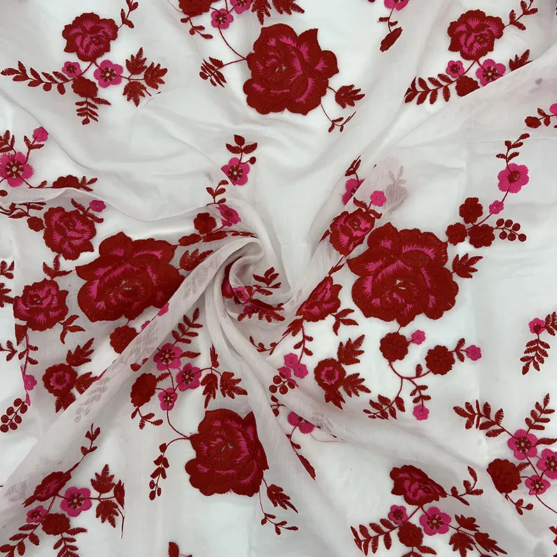 Fabbricazione all'ingrosso tessuto Chiffon ricamato floreale multicolore per abito da donna SS181102-EMB06D