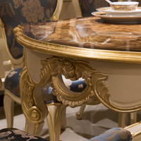 Table à manger rectangulaire beige en placage naturel laqué, style antique français, avec 6 à 8 chaises rembourrées brodées bleues, ensemble de salle à manger antique
