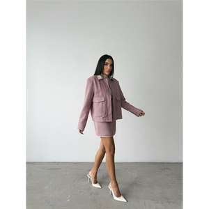 เสื้อแจ็คเก็ตสั้นซิปสำหรับผู้หญิง ลายก้างปลา สีชมพูกุหลาบ - Product Image 5