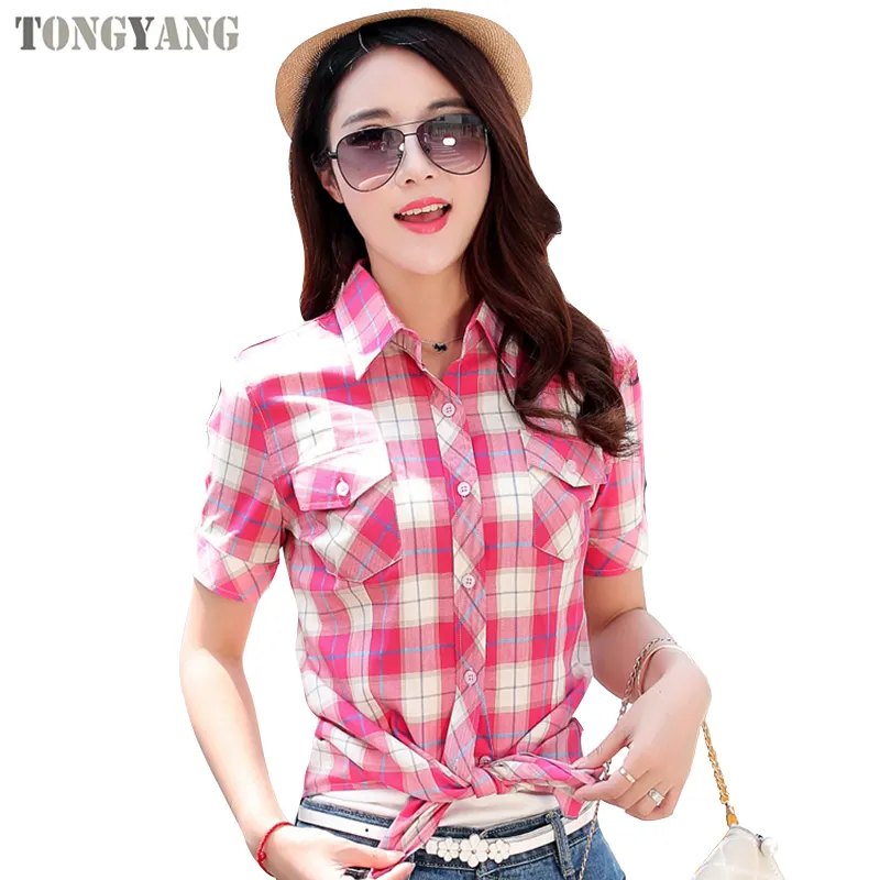 Tongyang 2022 Nieuwe Zomer Katoenen Shirt Fashion Hoge Kwaliteit Vrouw Kleding Vrouw Korte Mouwen Slim Fit Plaid Shirt Blouse