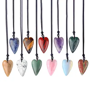 40mm Big Love Rope Chain Stone Pendants Necklace Natural Crystal Agate Quartz Polished Love Pendant Heart Necklace