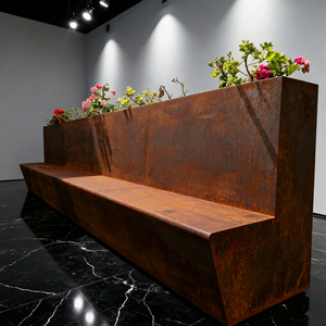 Banc-jardinière moderne et confortable en acier Corten, portable, pour extérieur, avec revêtement en poudre, solution de plantation et de sièges de jardin, pour usage scolaire, certifié CE - Product Image 1