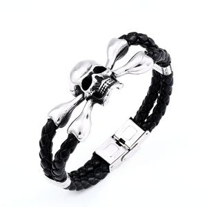Edgy Skull <b>Leather</b> <b>Bracelet</b> Hypoallergenic Waterproof 316L Stainless Steel Retro Minimalist Unisex Jewelry for Men and Women - Product Image 1