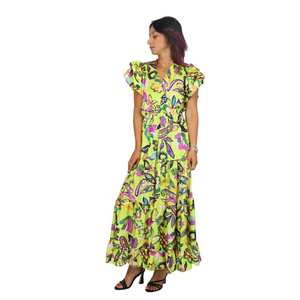 Robe longue florale pour femmes, jaune et violette, manches à volants, col en V, robe d'été longue - Product Image 3