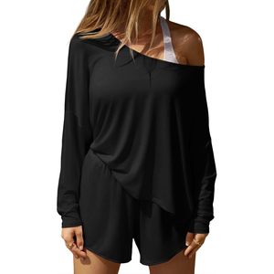 Womens 2 Piece <b>Long</b> <b>Sleeve</b> Off Shoulder <b>Tops</b> And Shorts Lounge Set Asymmetrical Neck Solid Casual Above Knee Polyester - Product Image 1