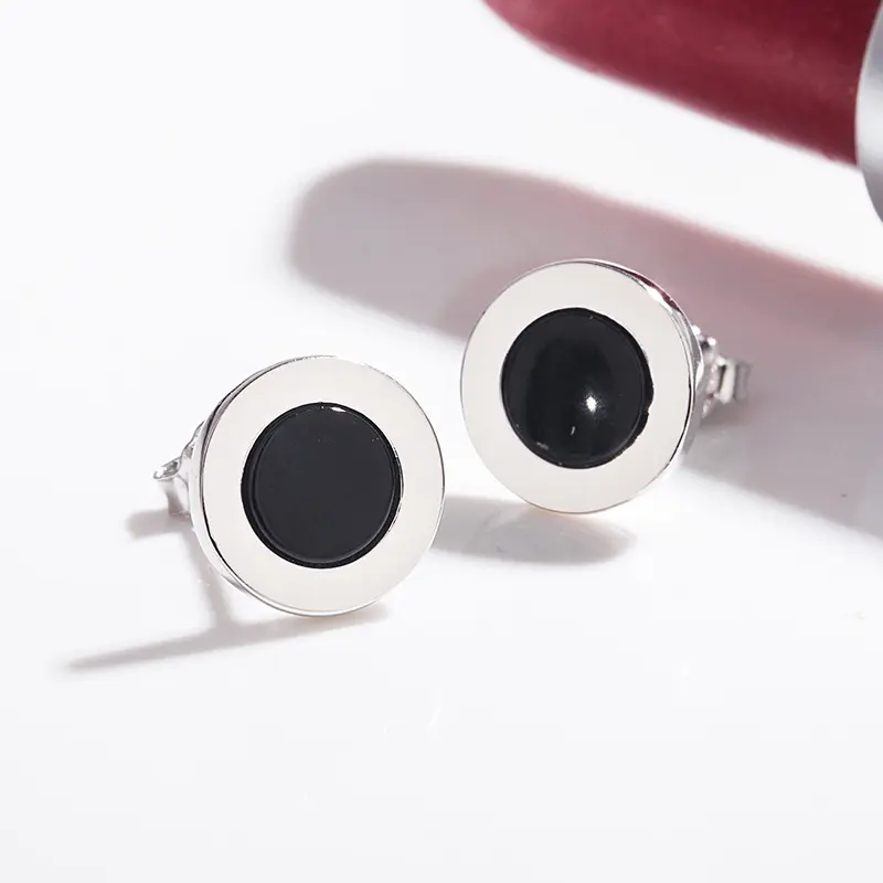 Classic style minimalist round shape black agate design stud earring 925 sterling silver fashion women jewelry