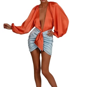 Ensemble deux pièces pour femme, combinaison en satin à col en V profond, jupe moulante taille haute, style décontracté pour soirée, orange, rouge, violet - Product Image 5