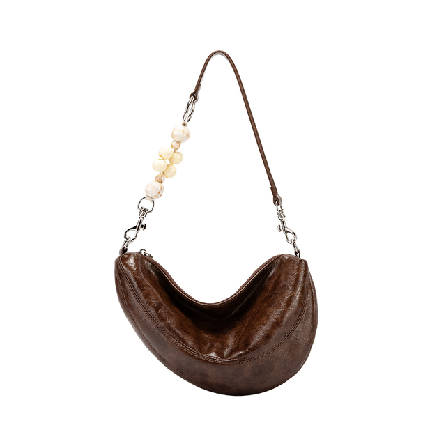bags for women Leather Bride Soft Leather Clutch Bag for Women 2026 New Style White for Casual Wear String Beads Cross-body Crescent-shaped Bag