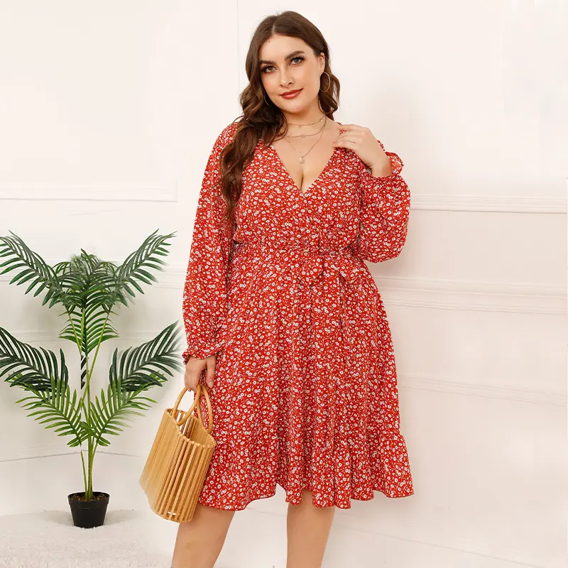 Red sexy plus size casual dresses Ladies Fashion V-neck Long Sleeve elegant womens floral dresses