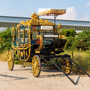 Magnifique calèche royale noire dorée à chevaux avec sculpture de couronne et auvent à franges, calèche vintage à quatre roues - Product Image 5