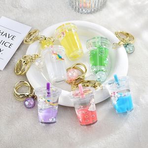 Cartoon Cute Unicorn Keychain Milk Tea Cup Liquid Quicksand Sequin Keyring Charm Bag Car Pendant <b>Key</b> <b>Chain</b> for Women Men Kids - Product Image 1