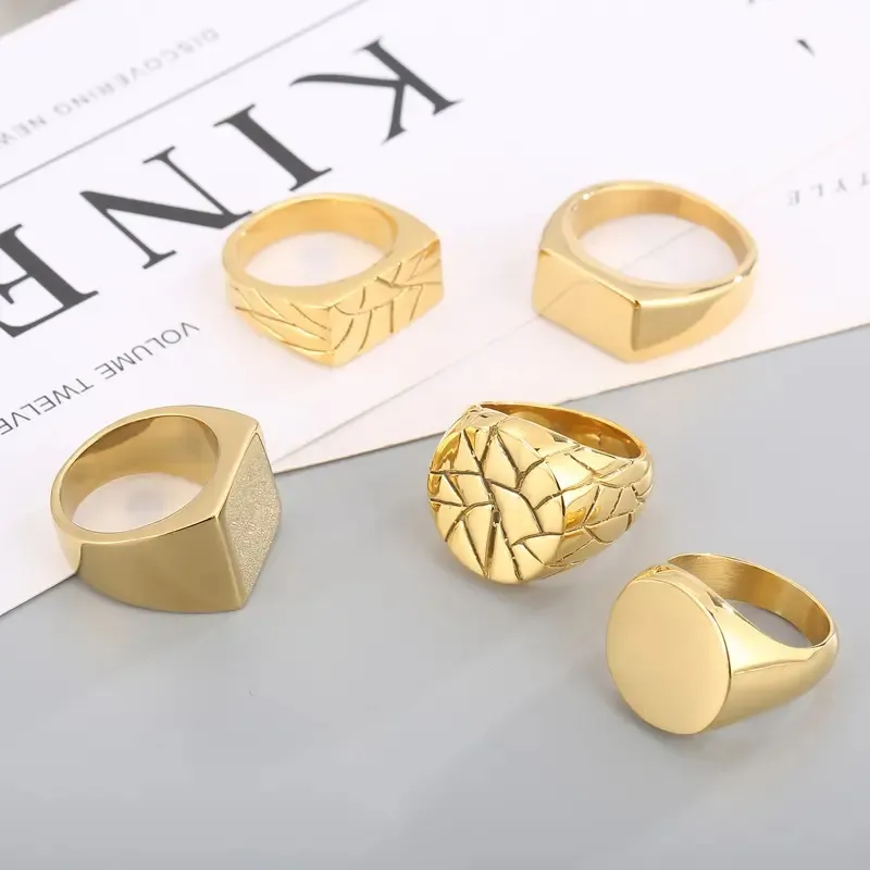 Atacado Jóias Finger Rings Preto 18k Gold Plated Stainless Steel Custom Logo Gravado Anel de Sinete Geométrico Para Homens