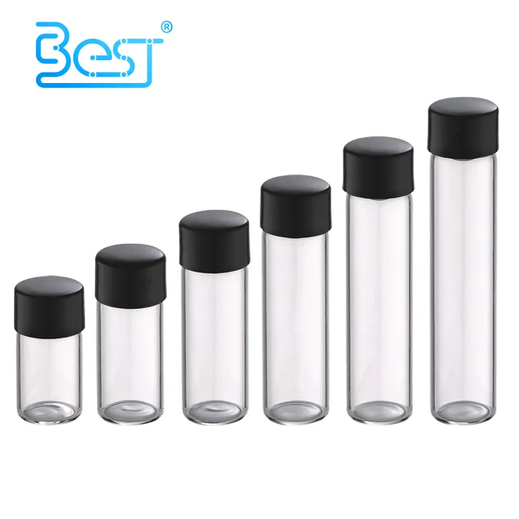 1ml 1.5ml 2ml 3ml 4ml 핫 세일 작은 사용자 정의 크기 투명 제약 유리 에센셜 오일 병 검은 플라스틱 모자