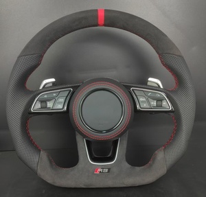 Volante Deportivo Personalizado para <span class=keywords><strong>Audi</strong></span> <span class=keywords><strong>A3</strong></span>/A6/A8, Base Plana, Fibra de Carbono y Cuero con Franja Roja, Palanca de Cambios - Product Image 1