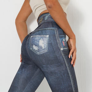 Leggings de sport pour femmes Unreal Jeans, séchage rapide, respirant, <span class=keywords><strong>taille</strong></span> haute, imitation denim, effet push-up, stretch, <span class=keywords><strong>slim</strong></span>, imprimé, jeggings - Product Image 4