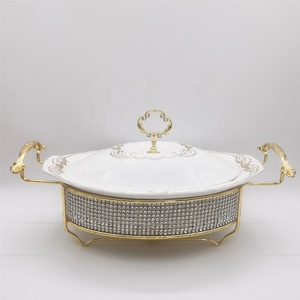 Plat de service de luxe en céramique 1,5L/2L avec incrustations de diamants, chauffe-plat de buffet en porcelaine avec couvercle pour mariages, hôtels et banquets - Product Image 2