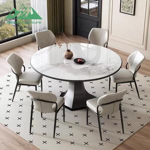 Table à manger ronde Wayon de style français vintage moderne, table en bois massif minimaliste italienne de luxe avec plateau en pierre frittée blanc pur - Product Image 5