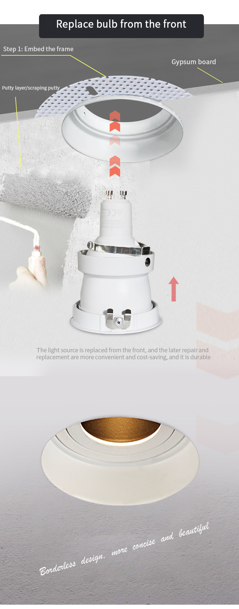 5W Round Trimless LED Recessed Lights / 80mm Cut Out Downlight