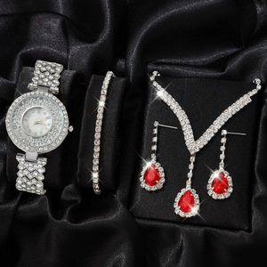 New Fashionable High-end Personalized Diamond Inlaid Small square Watch+pearl Jewelry 5pcs/set - Product Image 3