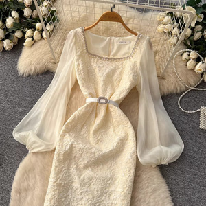 Đầm nữ tay bồng ren tím thanh lịch, đính đá, xẻ tà, ôm dáng, kiểu bodycon, phong cách thường ngày - Product Image 3