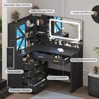 Coiffeuse d'angle moderne en bois avec miroir lumineux et banc de rangement, tiroirs de maquillage noirs pour chambre/salon – Vente en gros