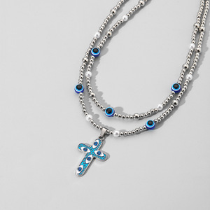 Colliers <span class=keywords><strong>à</strong></span> double rangée de perles tendance pour hommes, pendentif croix et œil porte-bonheur, bijoux de fête - Product Image 3