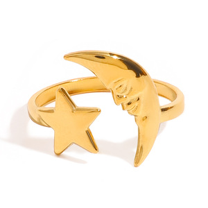 Star <b>Moon</b> Design <b>Ring</b> 18k Gold Stainless Steel Unisex Jewelry Gift Geometric Shape - Product Image 1