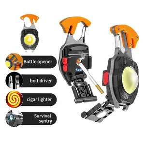 Lanterna LED magnética multifuncional recarregável para chaveiro, mini lanterna com disjuntor e isqueiro