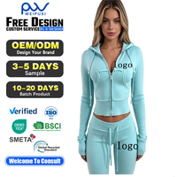 Ensemble de survêtement décontracté personnalisé en coton et élasthanne pour femme, avec sweat à capuche court zippé coupe ajustée et pantalon évasé taille basse à cordon de serrage