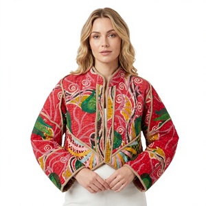 Red Hand Embroidered Quilted Cotton Kantha Reversible Eco-Friendly Short Jacket Women Mandarin Collar Full Sleeve Autumn Wear - Product Image 1