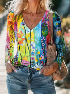 <span class=keywords><strong>Blusa</strong></span> Túnica Casual de Primera Calidad para Mujer, Nueva Moda Primavera Verano, Transpirable, Suave, Estampado Floral Vintage, Cuello en V, Manga Larga - Product Image 4