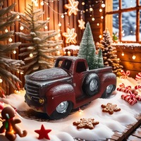 Statue de camionnette vintage de style européen en résine effet vieilli et recouvert de neige, simulation de camion ancien, petits arbres, pour intérieur et bureau